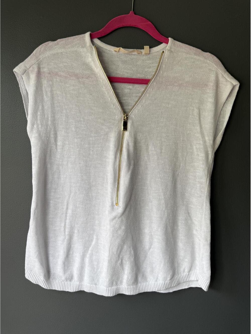 Soft Surroundings White Lightweight Knit Top with Gold Zipper